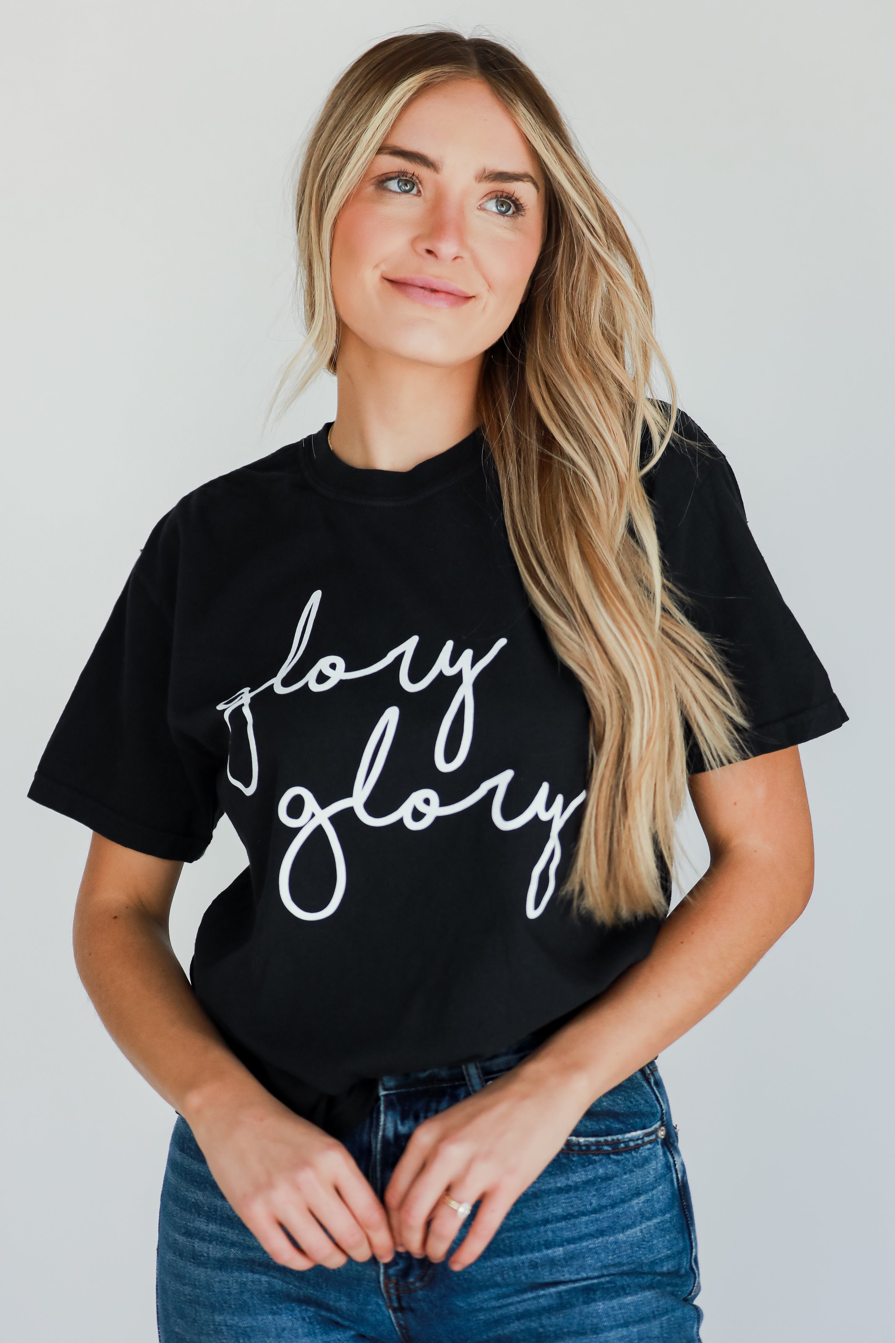 black Glory Glory Script Tee on model