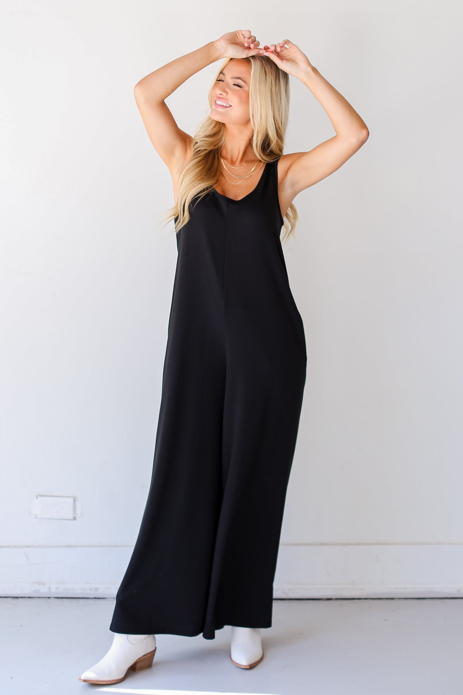 casual black Wide Leg Jumpsuit with pockets