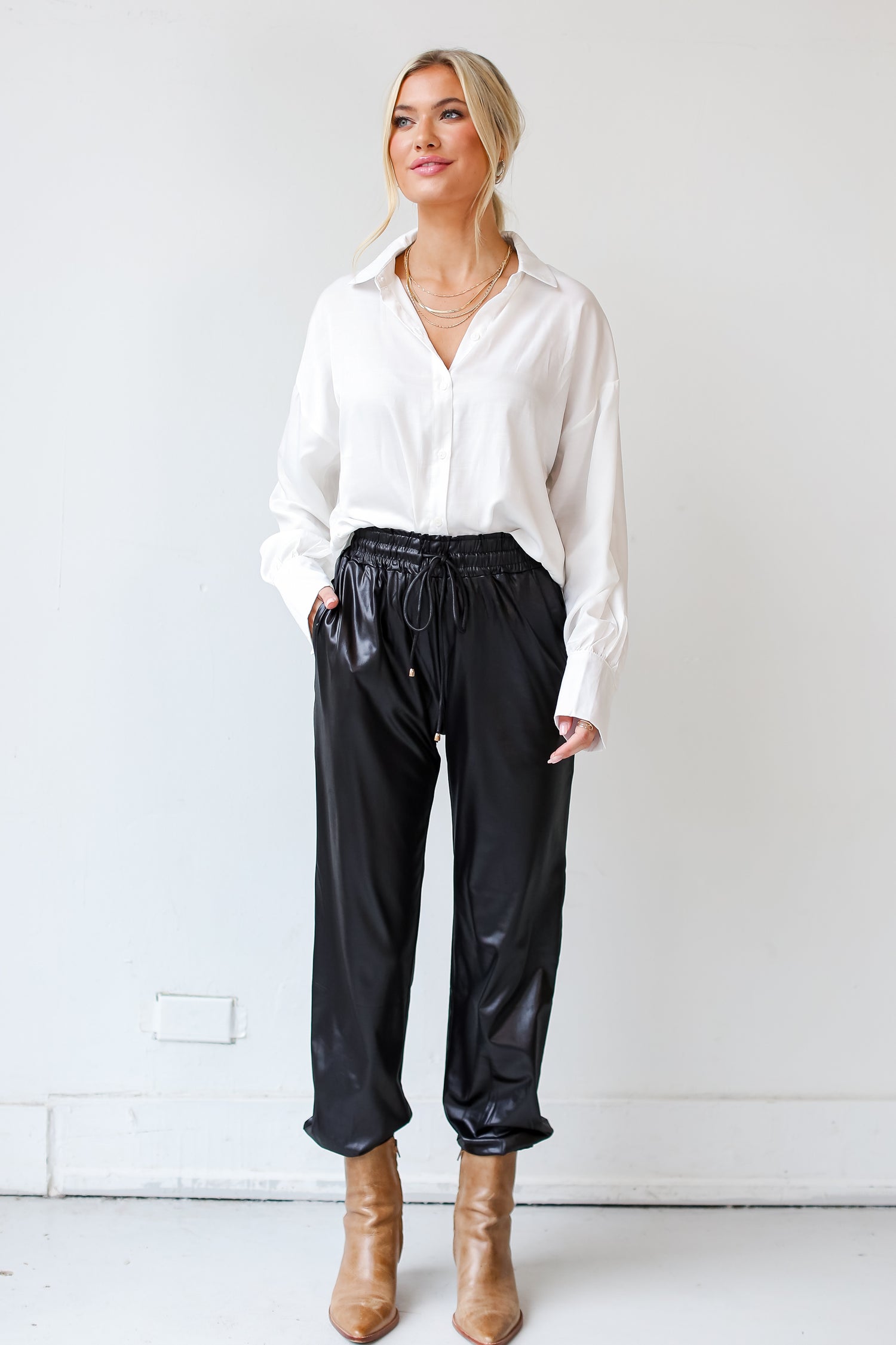 black Leather Joggers front view