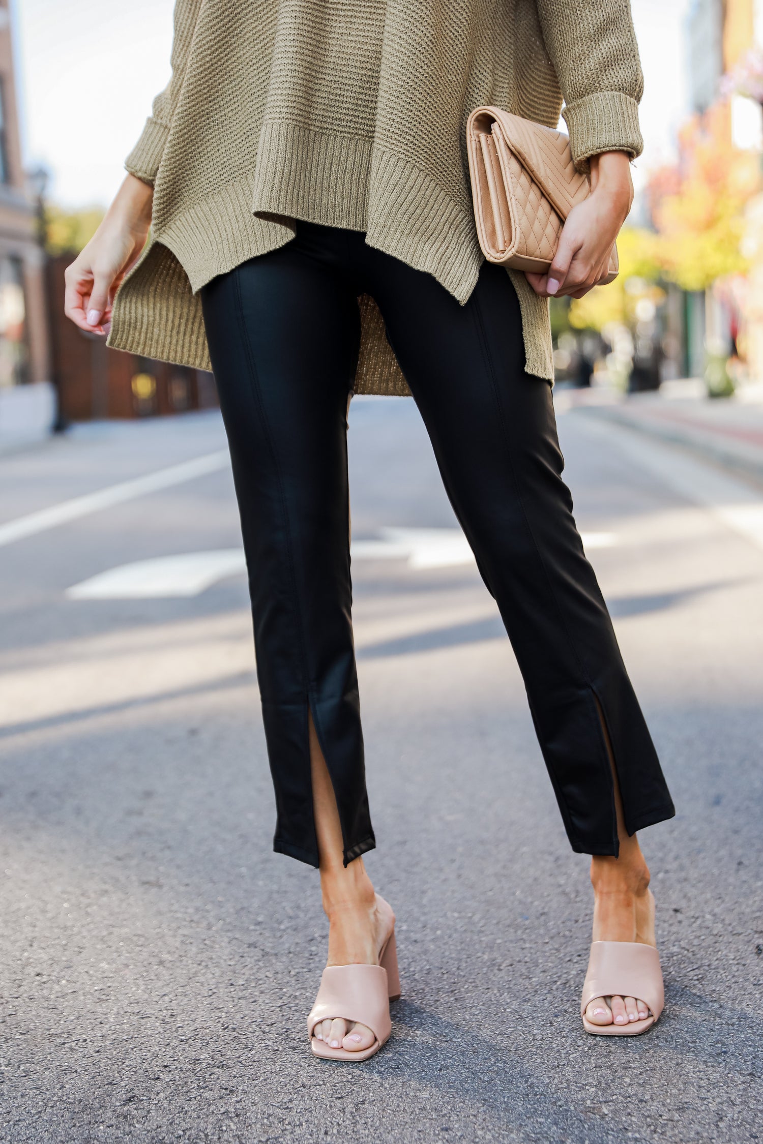 black Leather Split Hem Pants