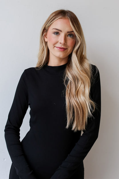 long sleeve Black Ribbed Knit Midi Dress