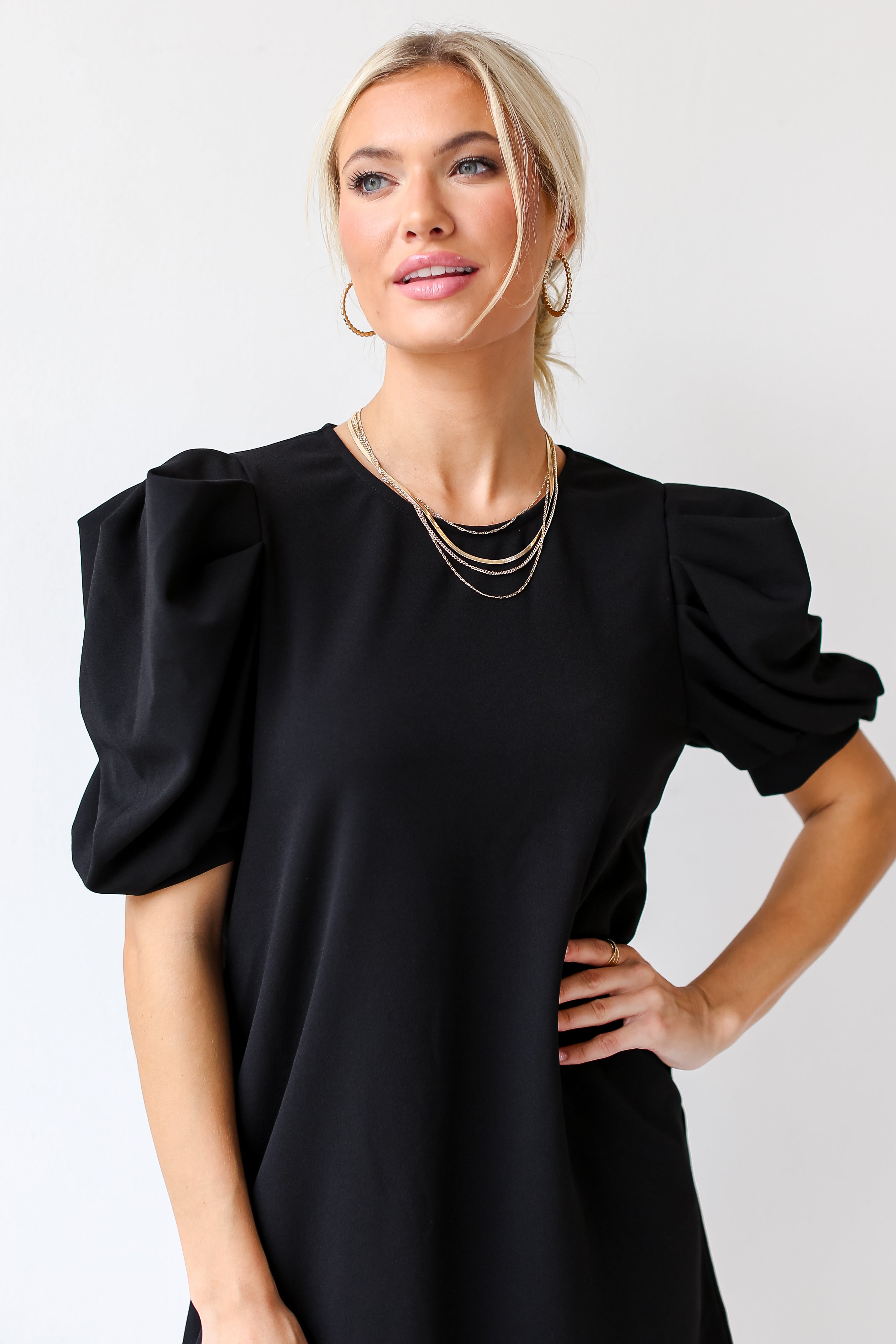 black Puff Sleeve Mini Dress close up
