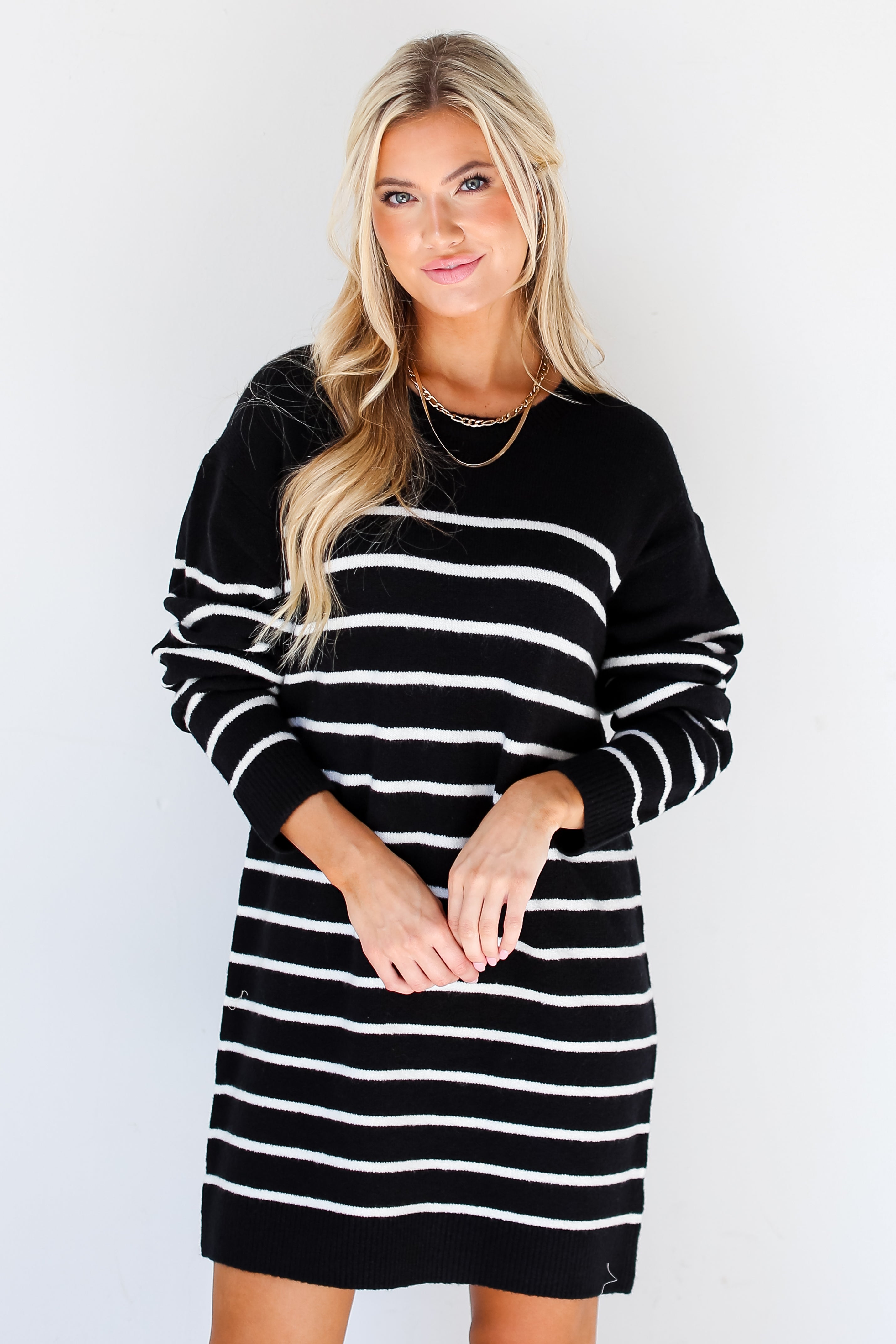 black + white Striped Sweater Mini Dress front view on dress up model