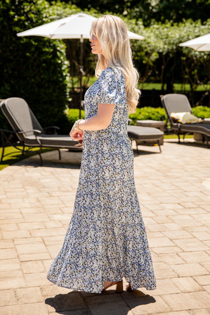 Porcelain Petals Blue Floral Maxi Dress