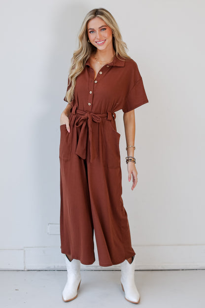 brown Ribbed Knit Jumpsuit front view online dress boutiques
