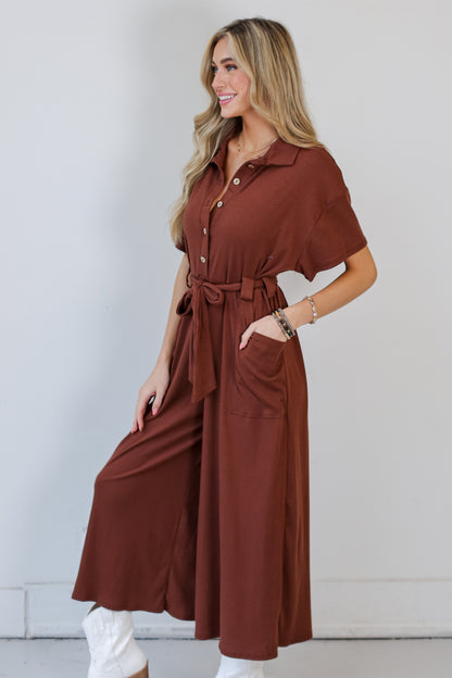 brown Ribbed Knit Jumpsuit side view