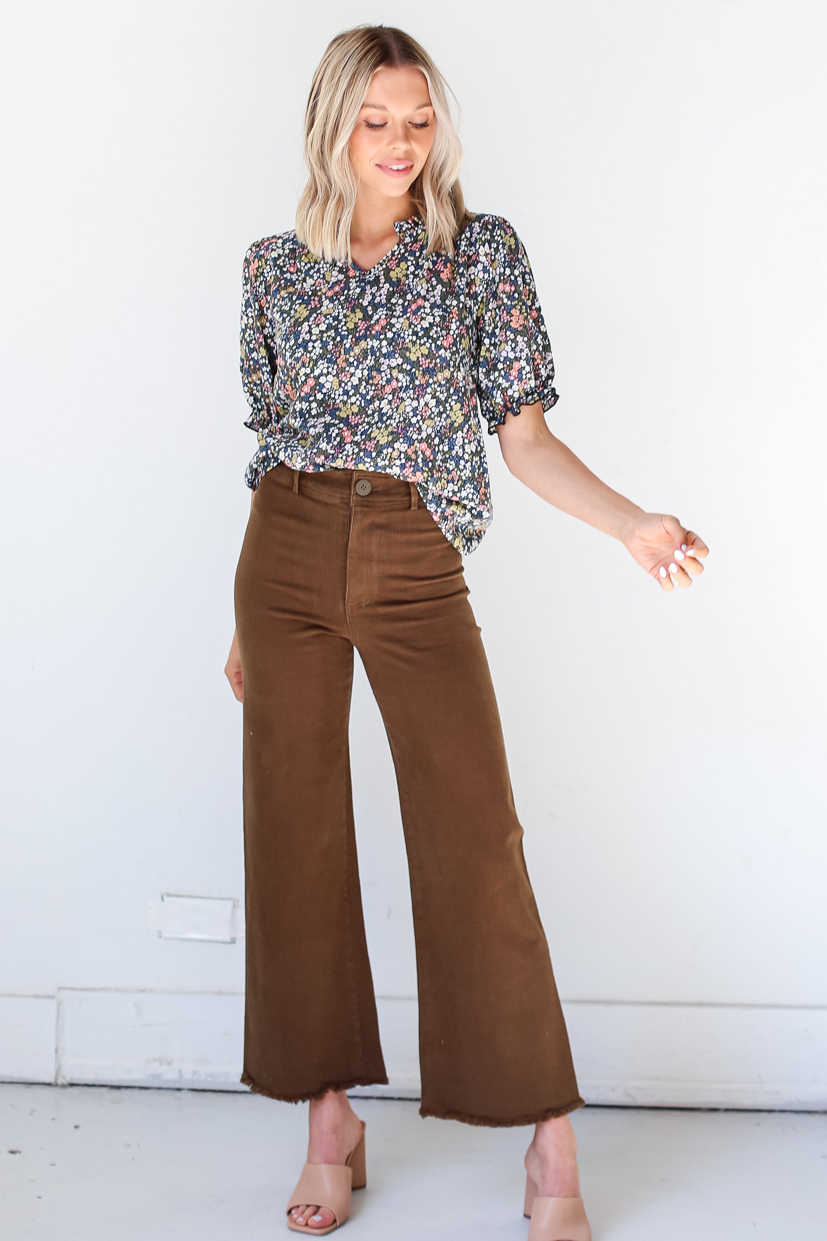 brown Wide Leg Jeans front view