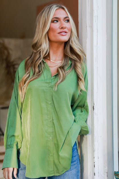sage Satin Button-Up Blouse on model