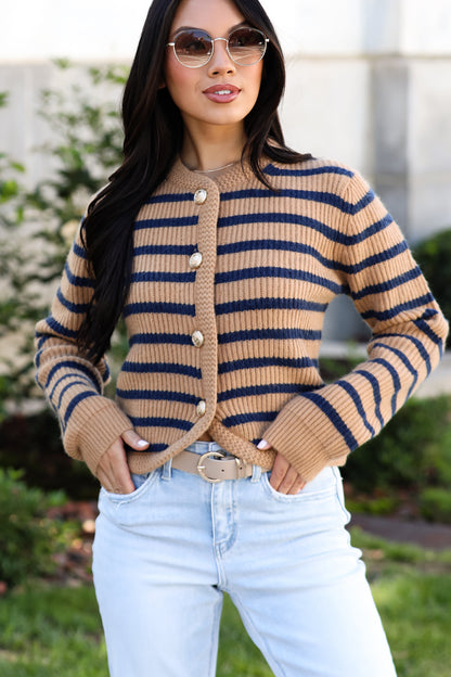 Chicest Option Camel Striped Sweater Cardigan