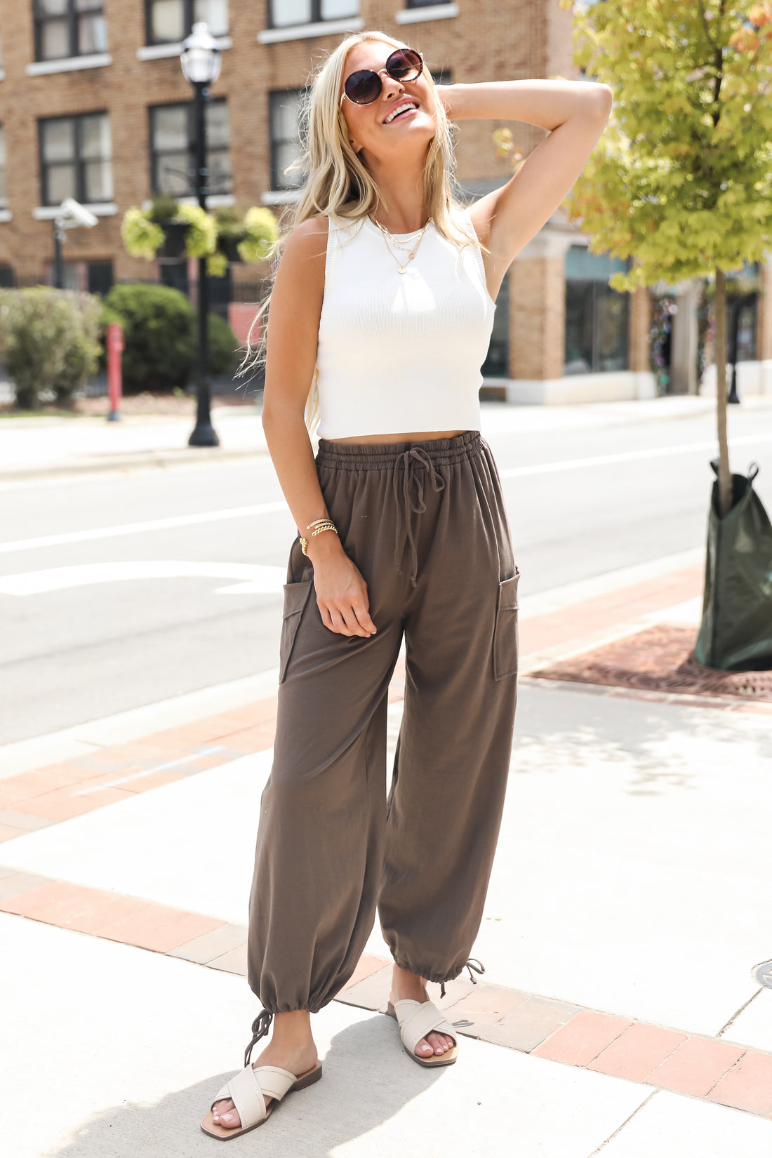 olive cargo Joggers on model