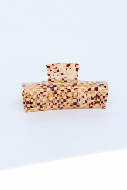 brown Acrylic Checkered Claw Hair Clip close up
