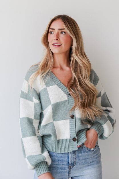 Sage Checkered Sweater Cardigan close up