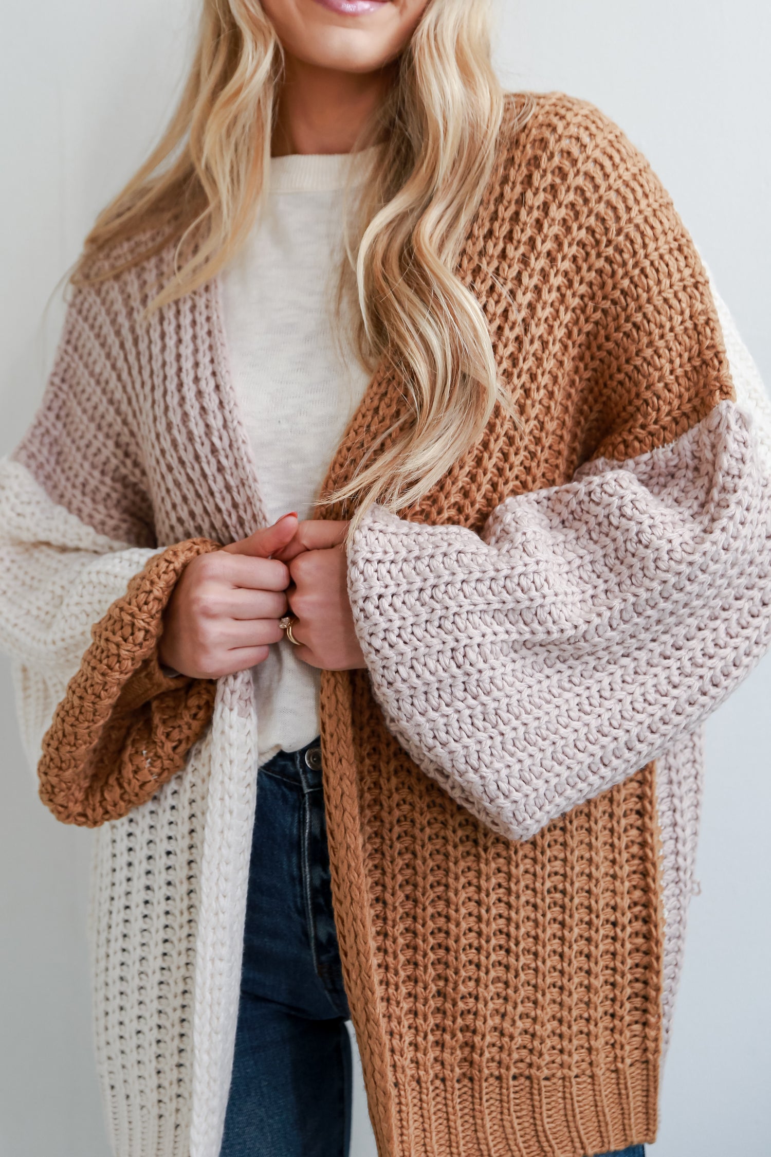 Camel Color Block Sweater Cardigan front view