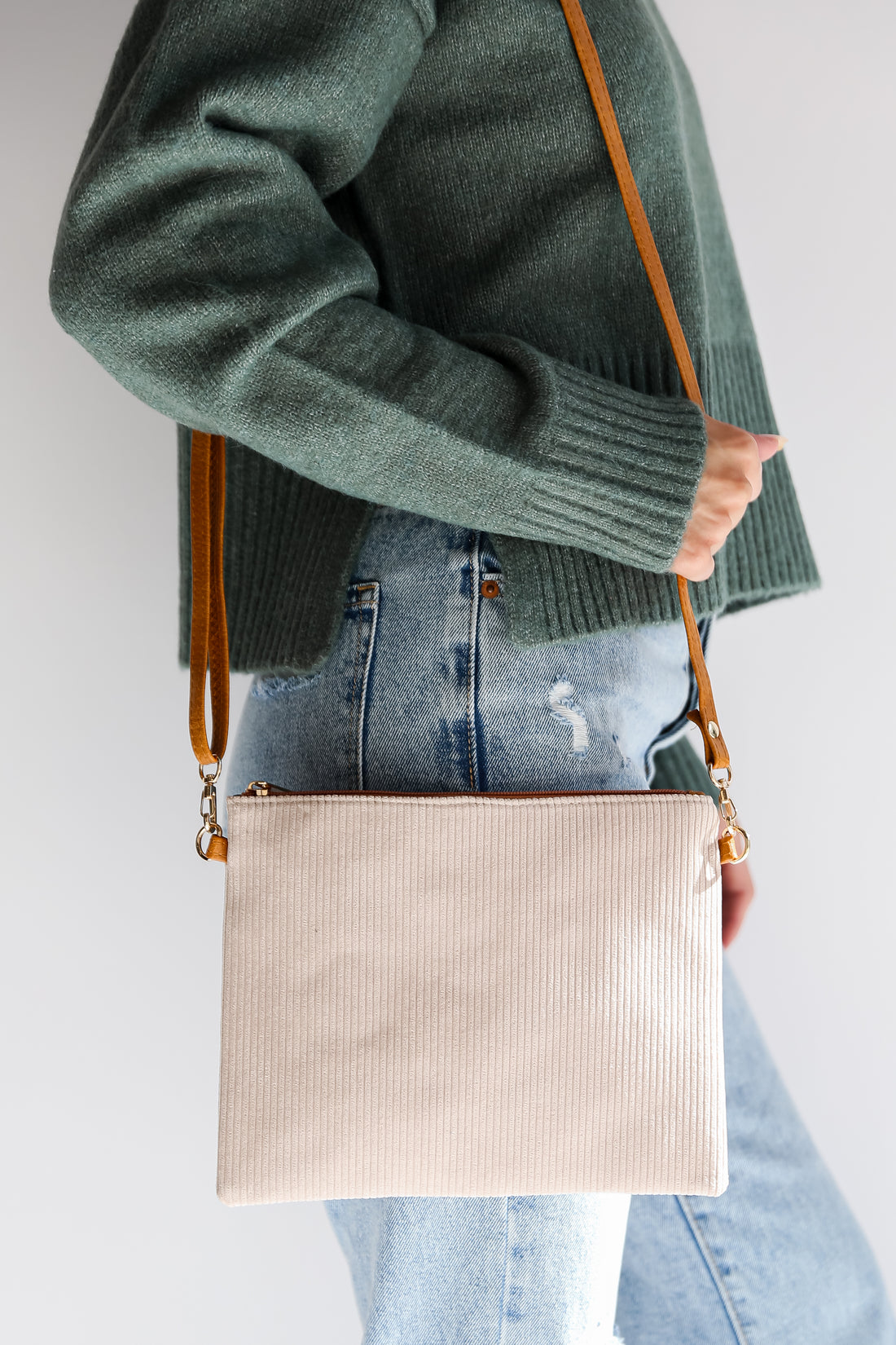 Beige Corduroy Crossbody Bag
