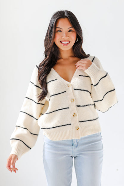 Effortlessly Lavish Cream Striped Sweater Cardigan