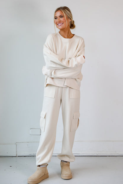 cream Fleece Pullover on model