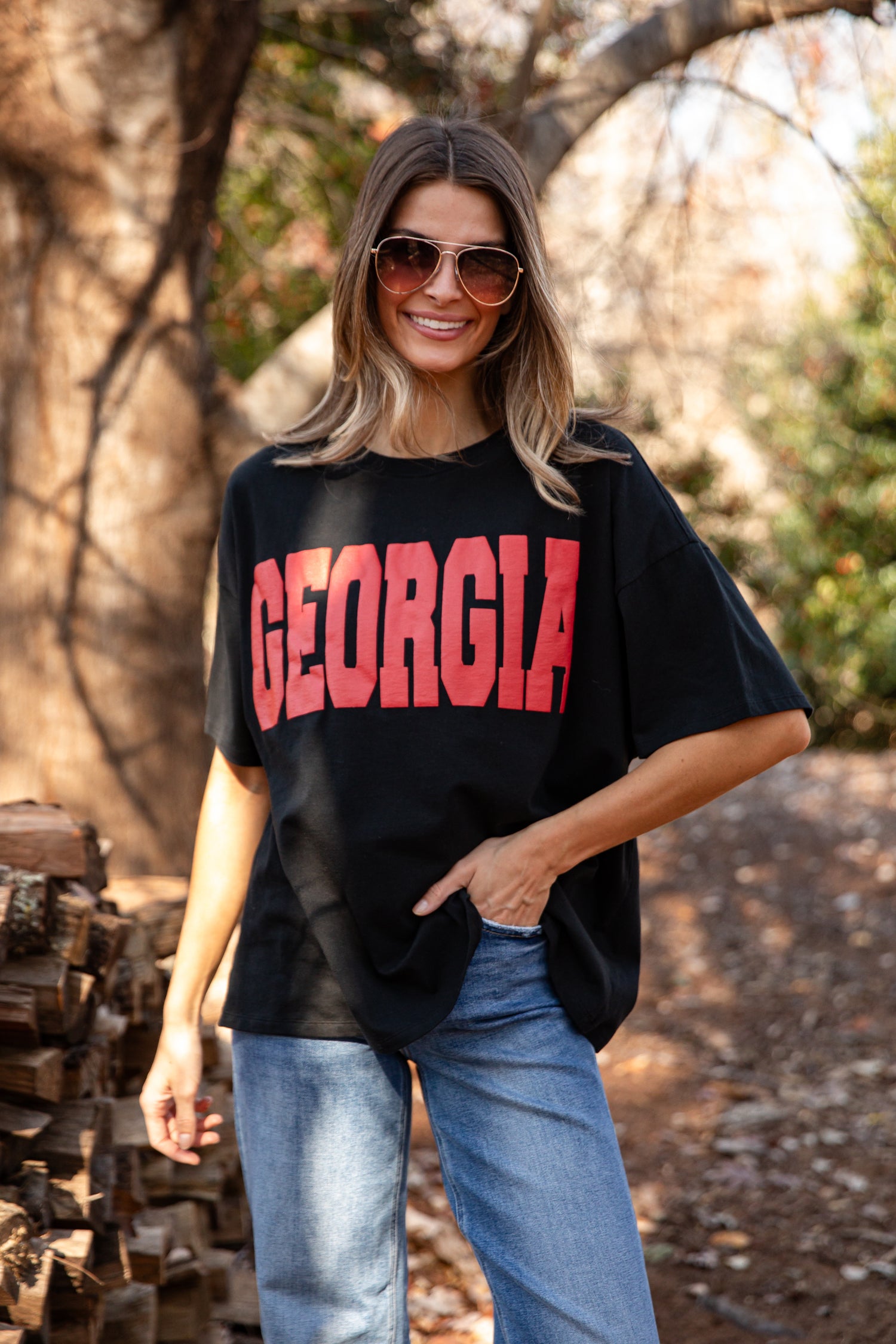 Woman wearing a black &