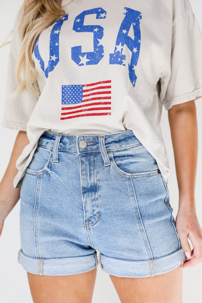 light wash Denim Shorts close up