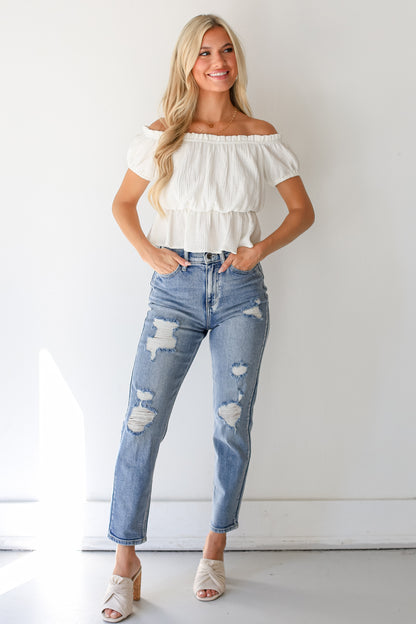 medium wash Distressed Mom Leg Jeans