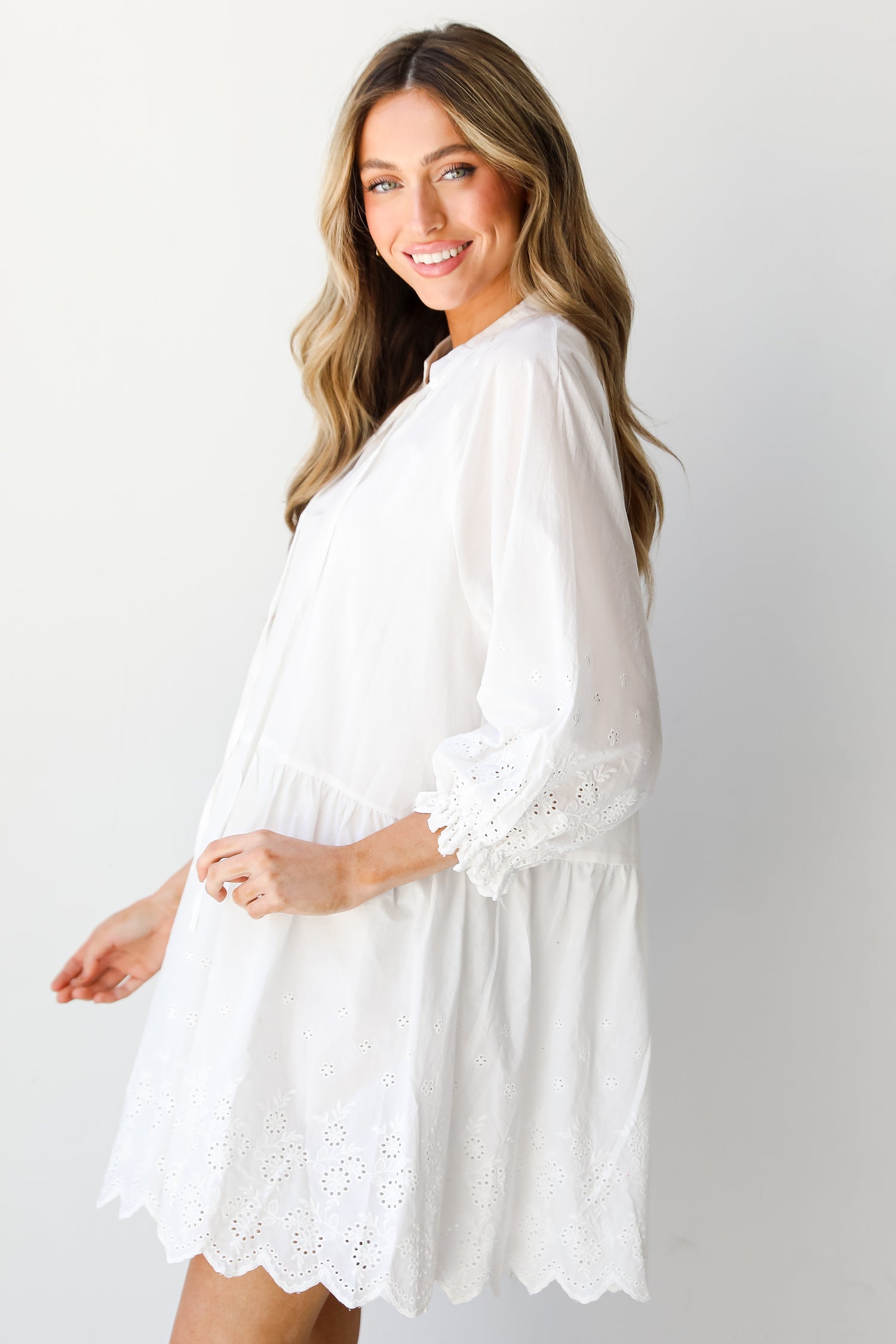 white Tiered Eyelet Mini Dress side view