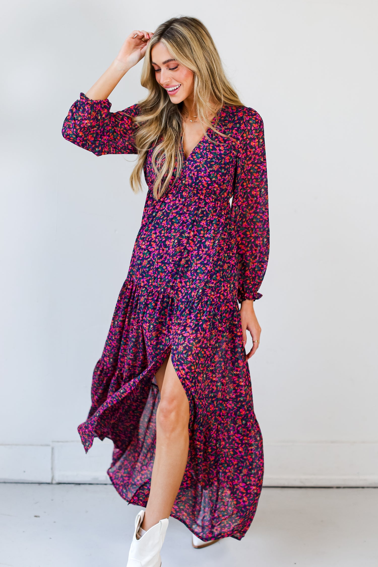magenta Floral Maxi Dress on dress up model
