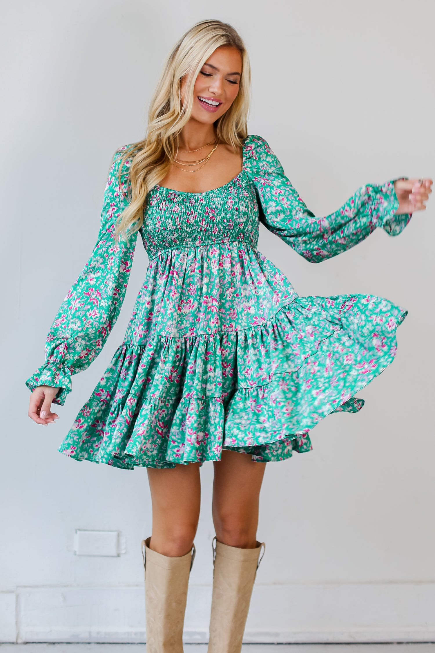 green long sleeve Tiered Mini Dress