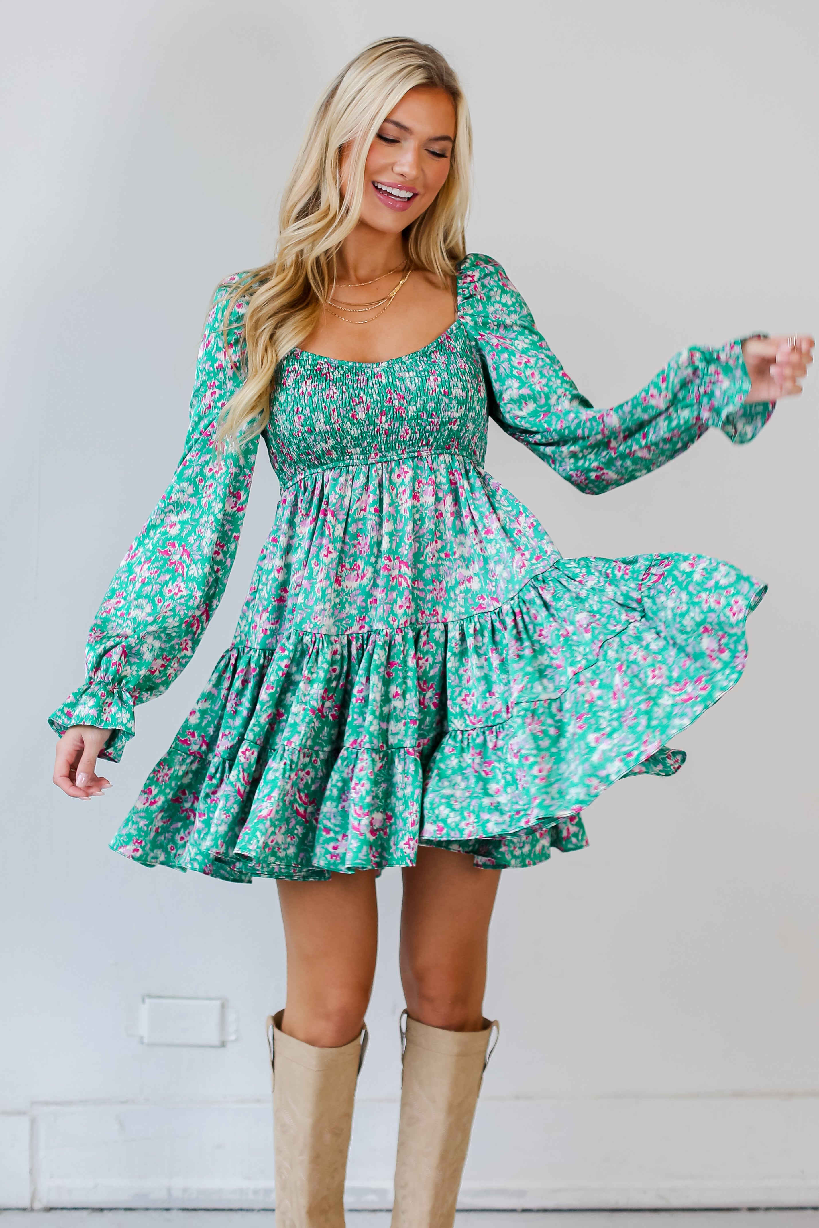 green long sleeve Tiered Mini Dress