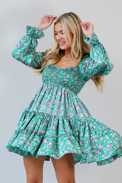 green Tiered Mini Dress on dress up model