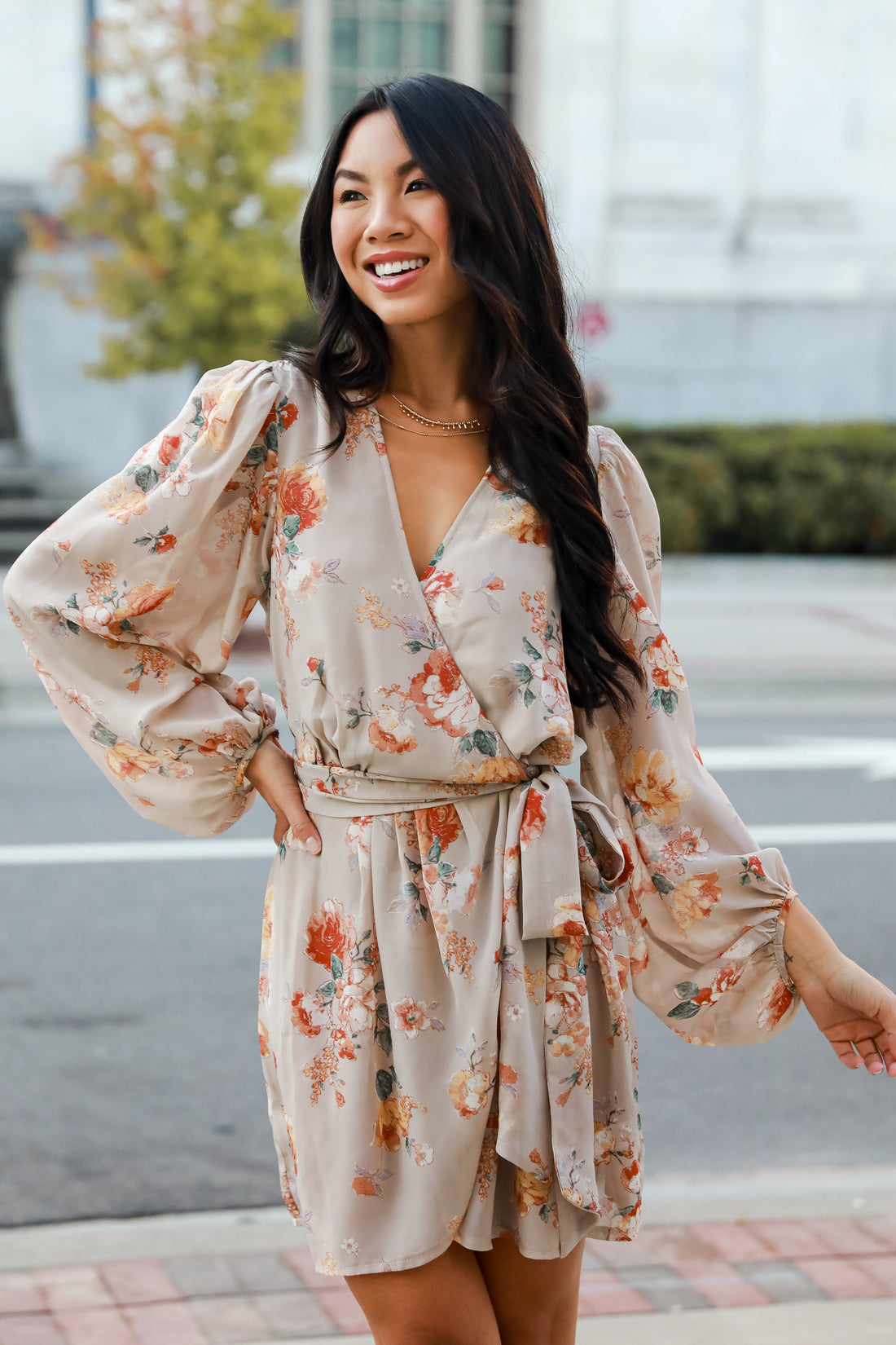taupe Floral Wrap Mini Dress