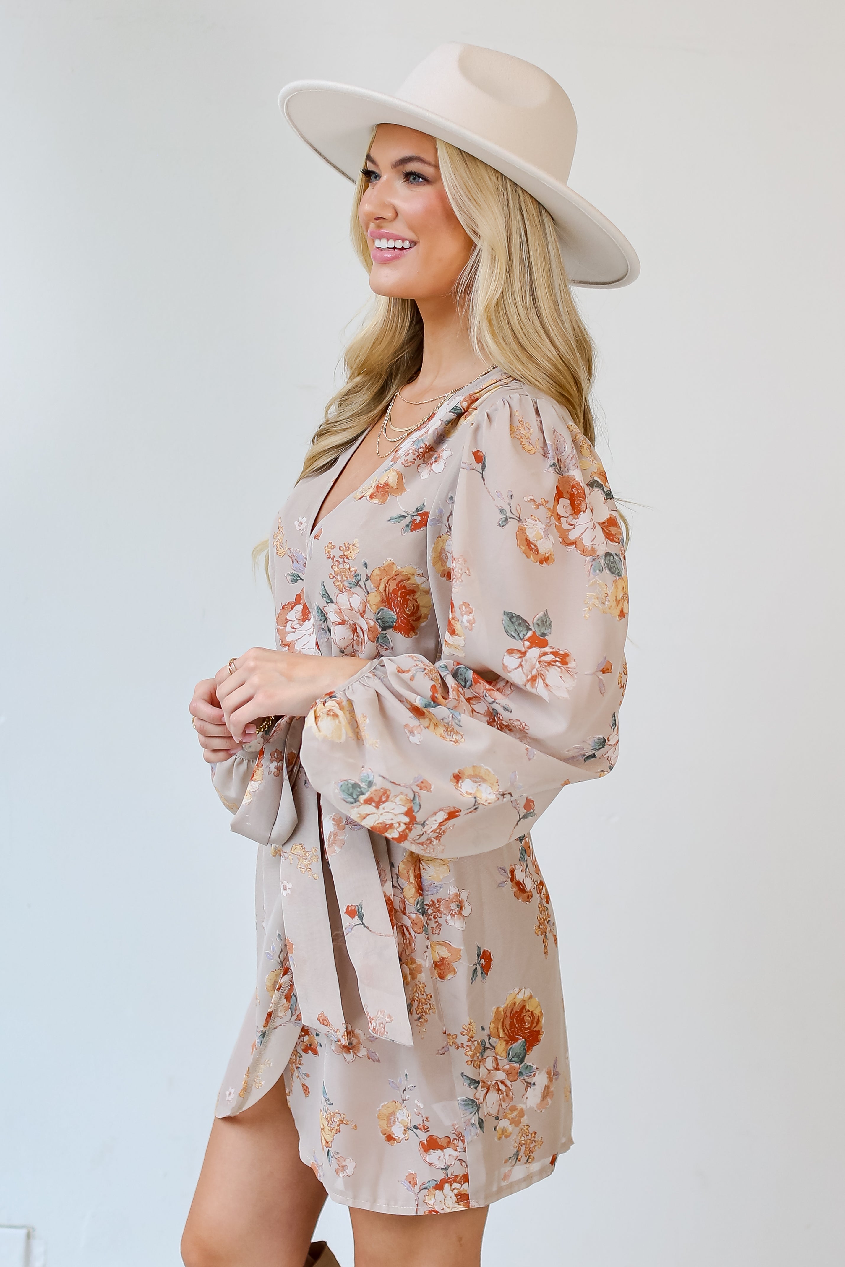 taupe Floral Wrap Mini Dress  side view