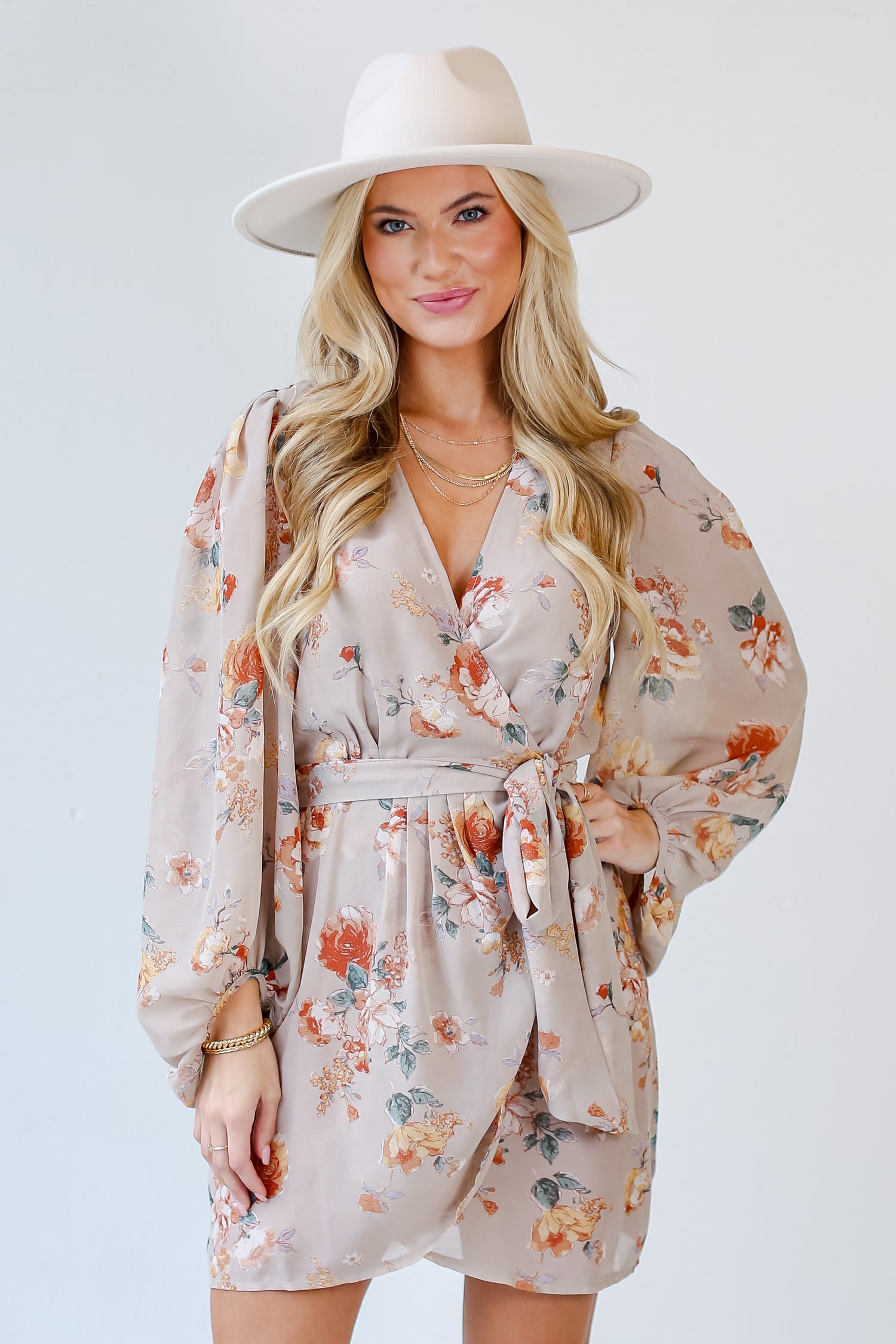 taupe Floral Wrap Mini Dress front view