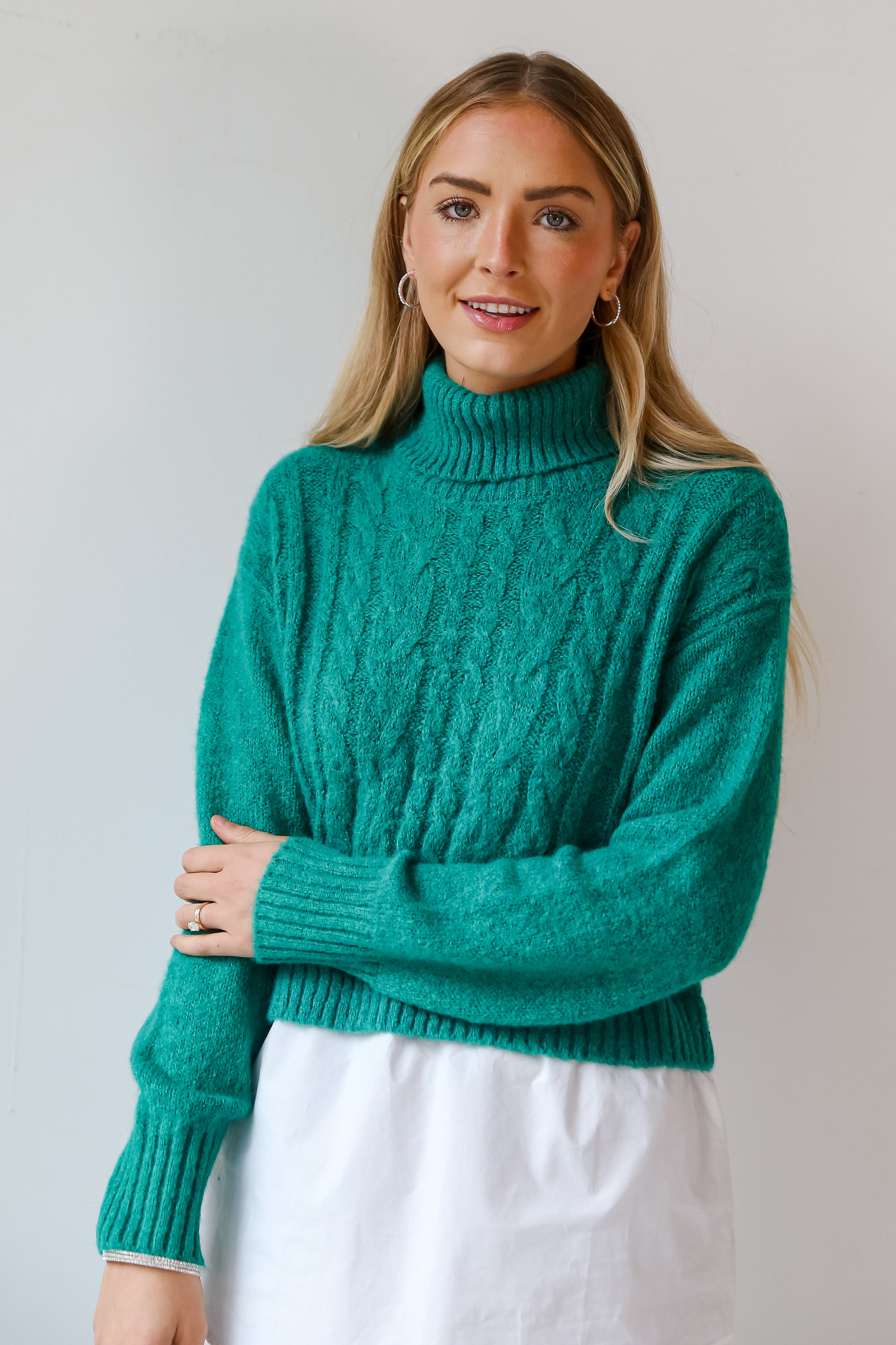 trendy Green Cable Knit Sweater Blouse