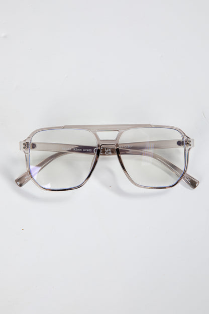 Gray aviator sunglasses on a white background