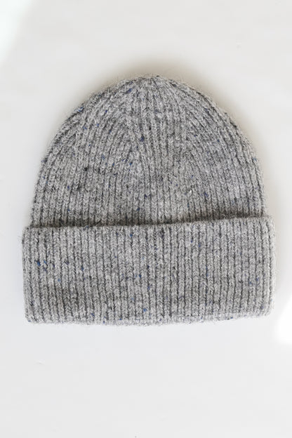 grey knit Beanie close up