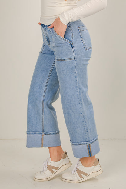 Camille Light Wash High-Rise Cuffed Wide Leg Jeans