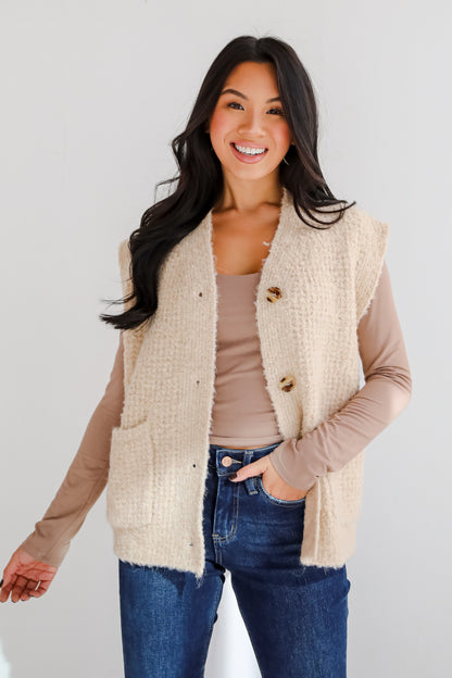 Elevated Comfort Oatmeal Fuzzy Knit Sweater Vest