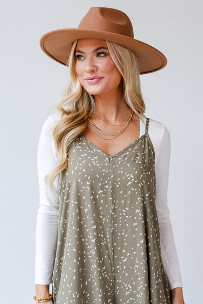 olive Spotted Wide Leg Jumpsuit close up. Online Dress Boutiques