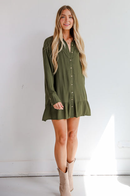 Approachably Adorable Olive Button Front Mini Dress