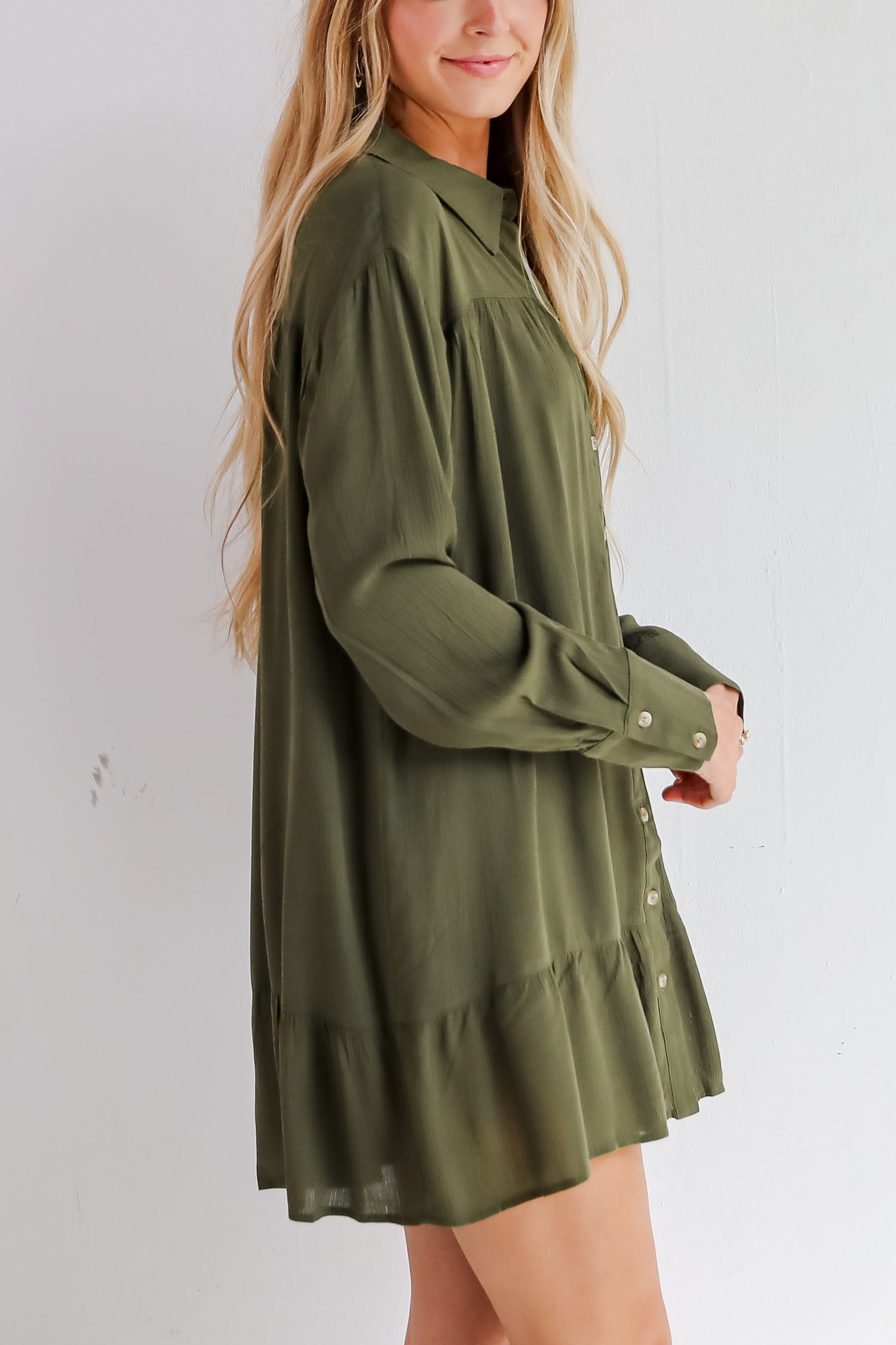 Approachably Adorable Olive Button Front Mini Dress