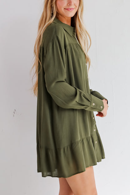 Approachably Adorable Olive Button Front Mini Dress