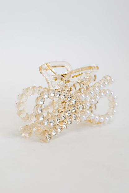 Bejeweled Beauty Rhinestone + Pearl Bow Claw Hair Clip