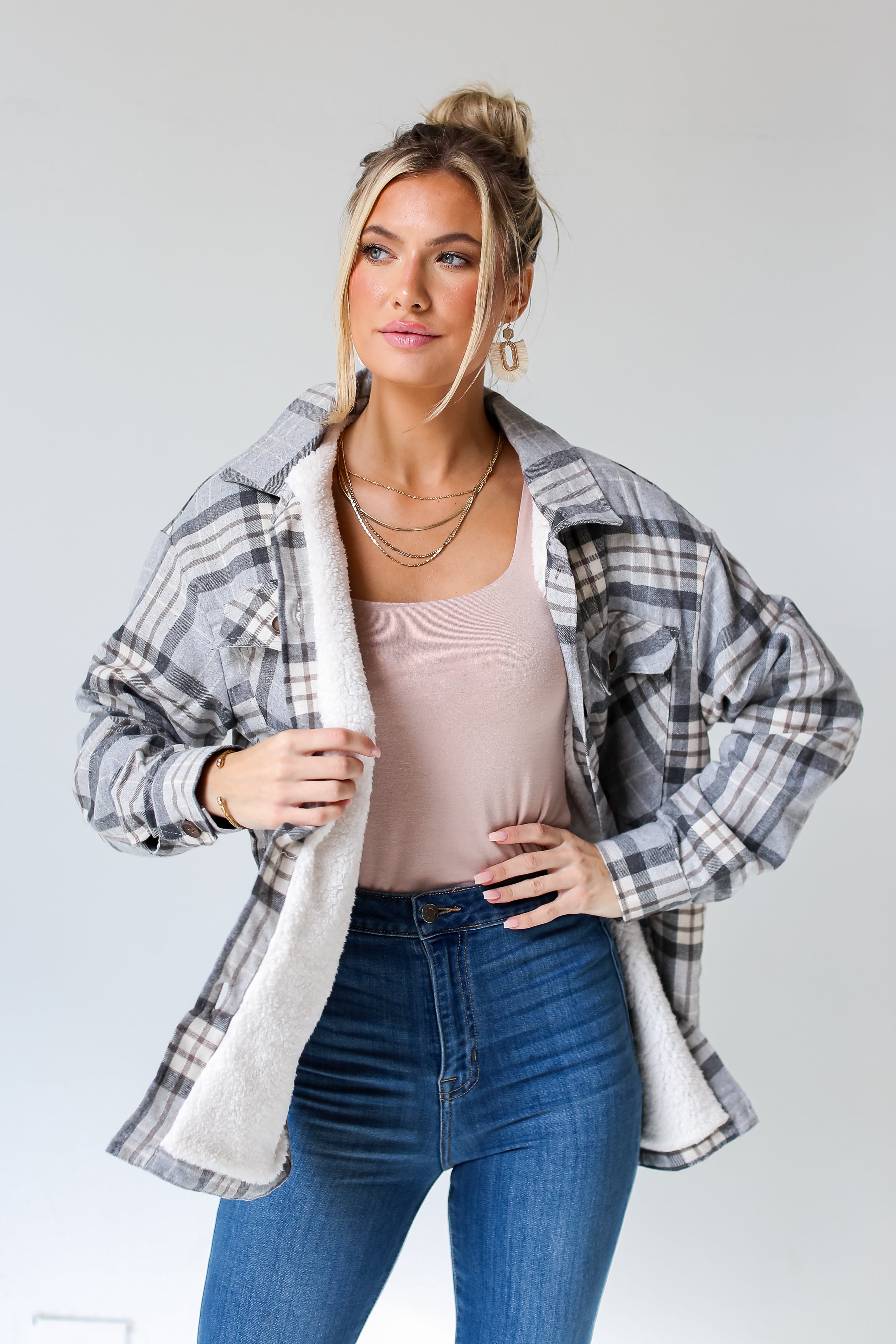 Grey Plaid Sherpa Shacket  front view