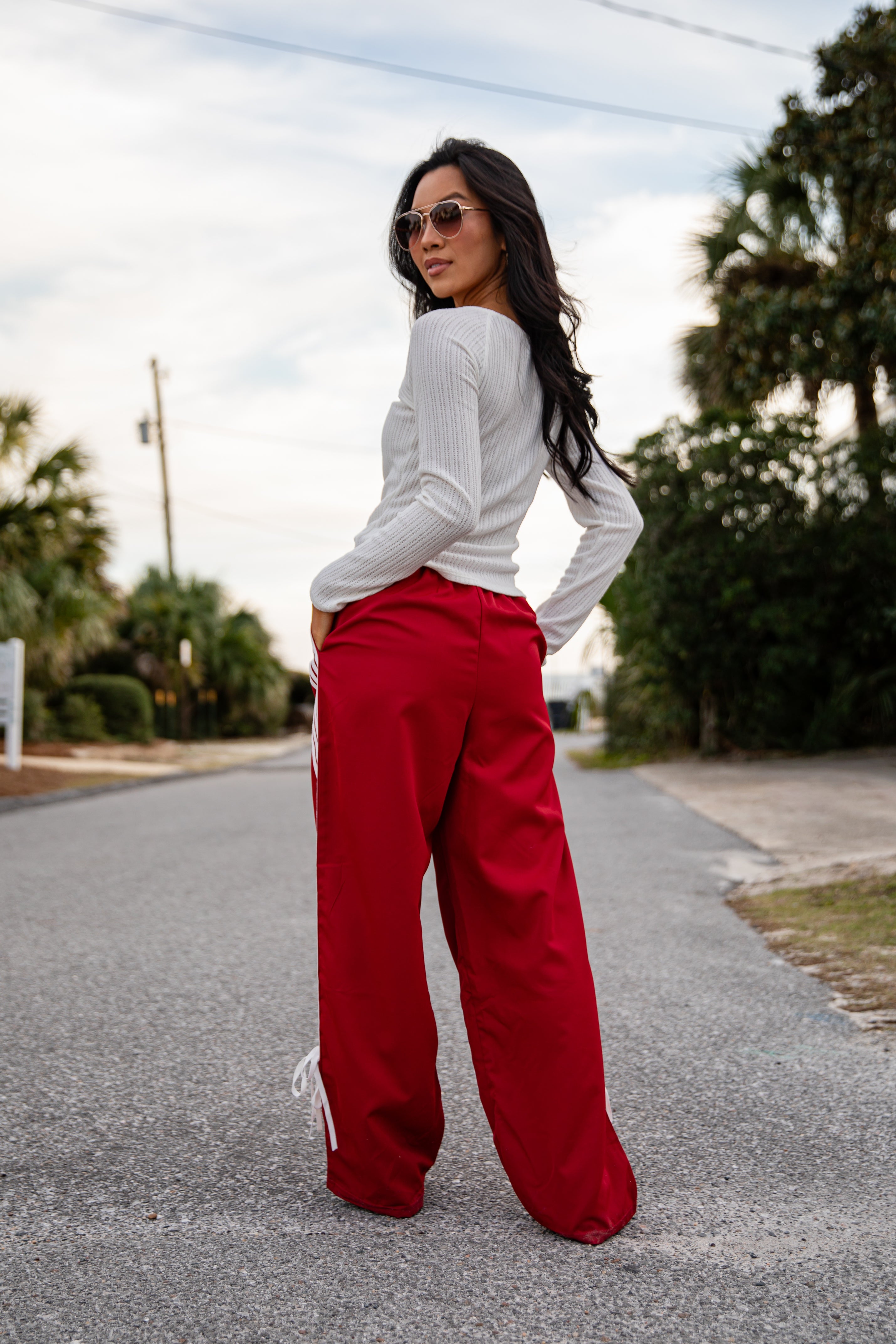 FINAL SALE - Tied to Perfection Red Side-Stripe Track Pants