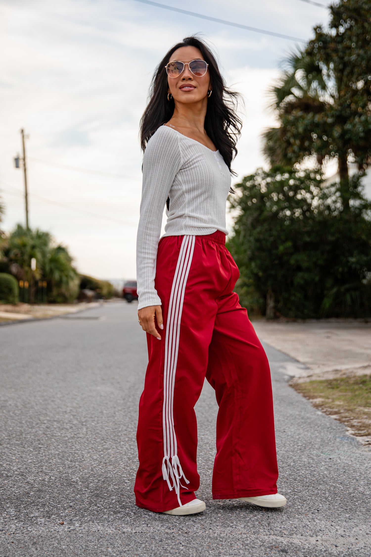 FINAL SALE - Tied to Perfection Red Side-Stripe Track Pants