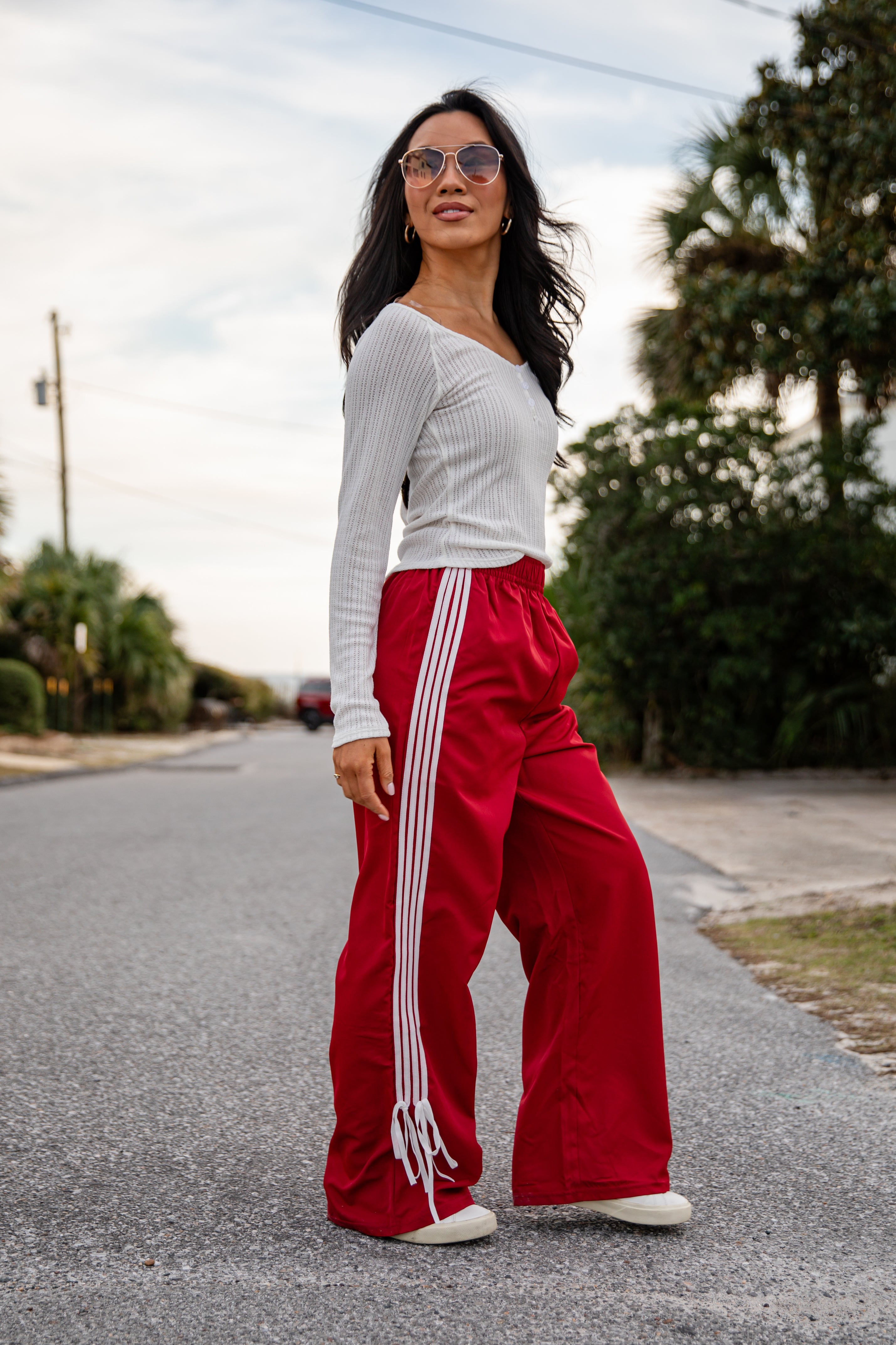 FINAL SALE - Tied to Perfection Red Side-Stripe Track Pants