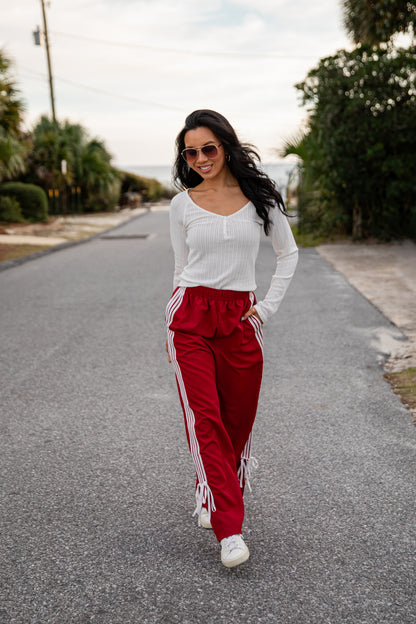 FINAL SALE - Tied to Perfection Red Side-Stripe Track Pants