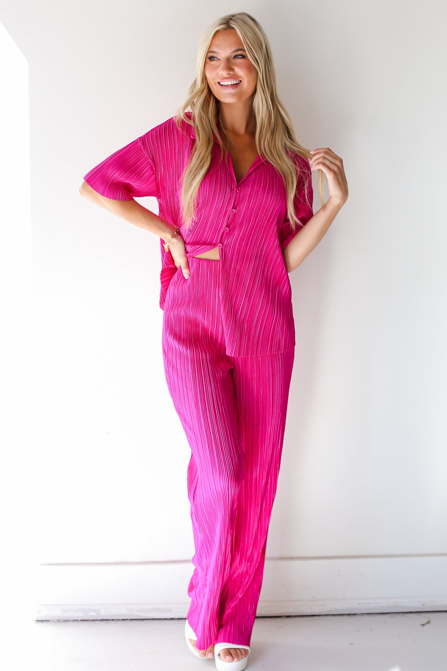 pink Plisse Satin Pants on model