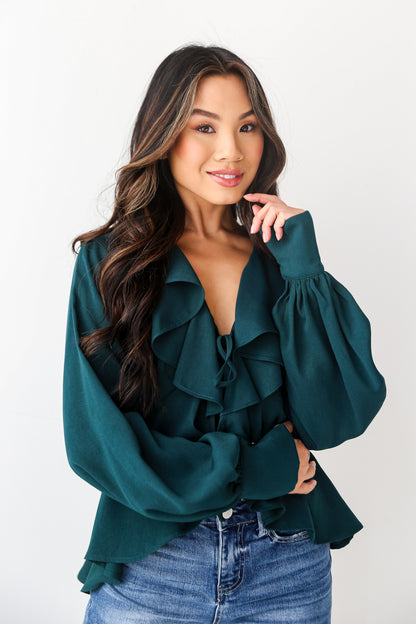 Hunter Green Ruffle Blouse on model