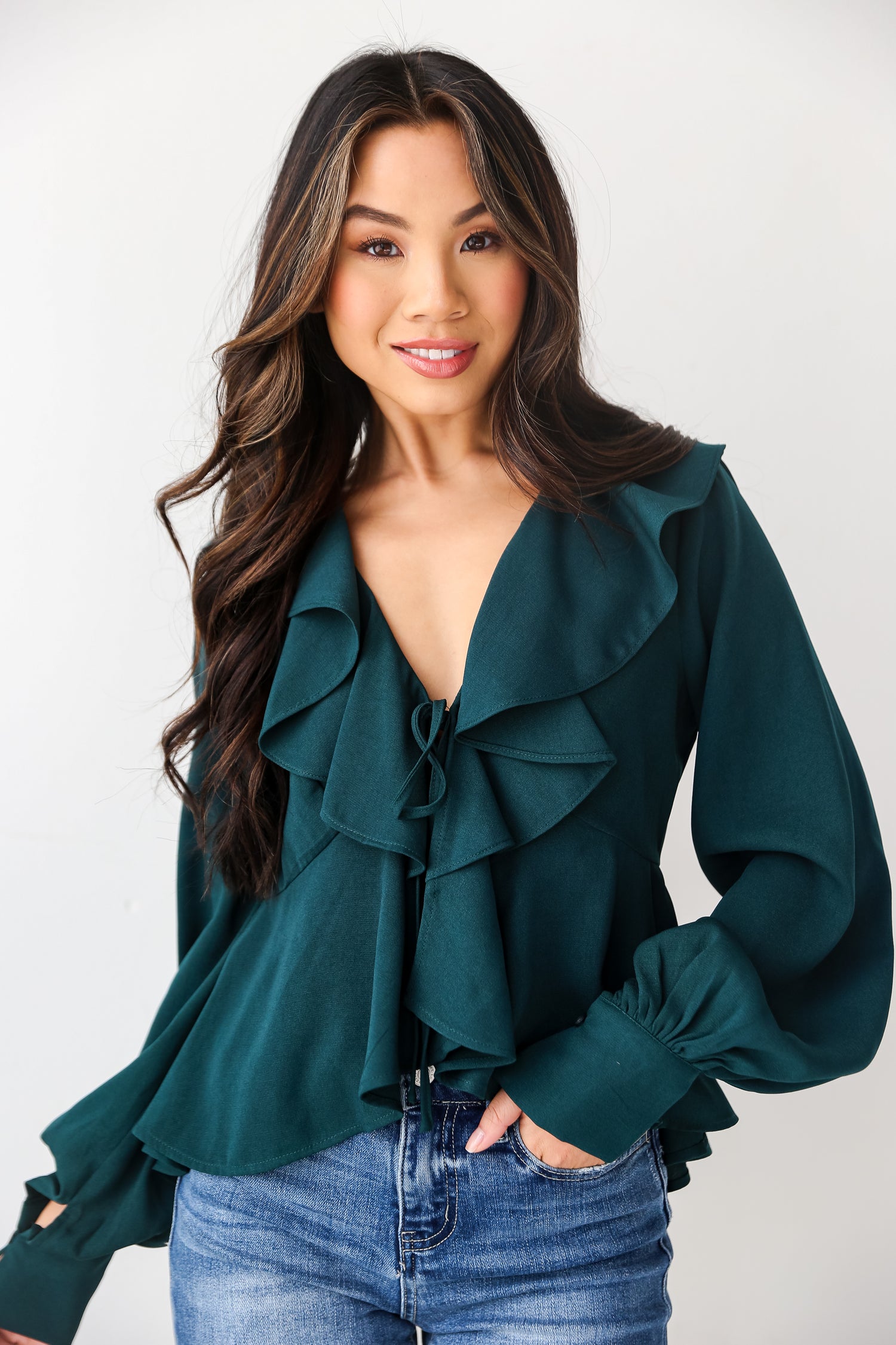 cute Hunter Green Ruffle Blouse