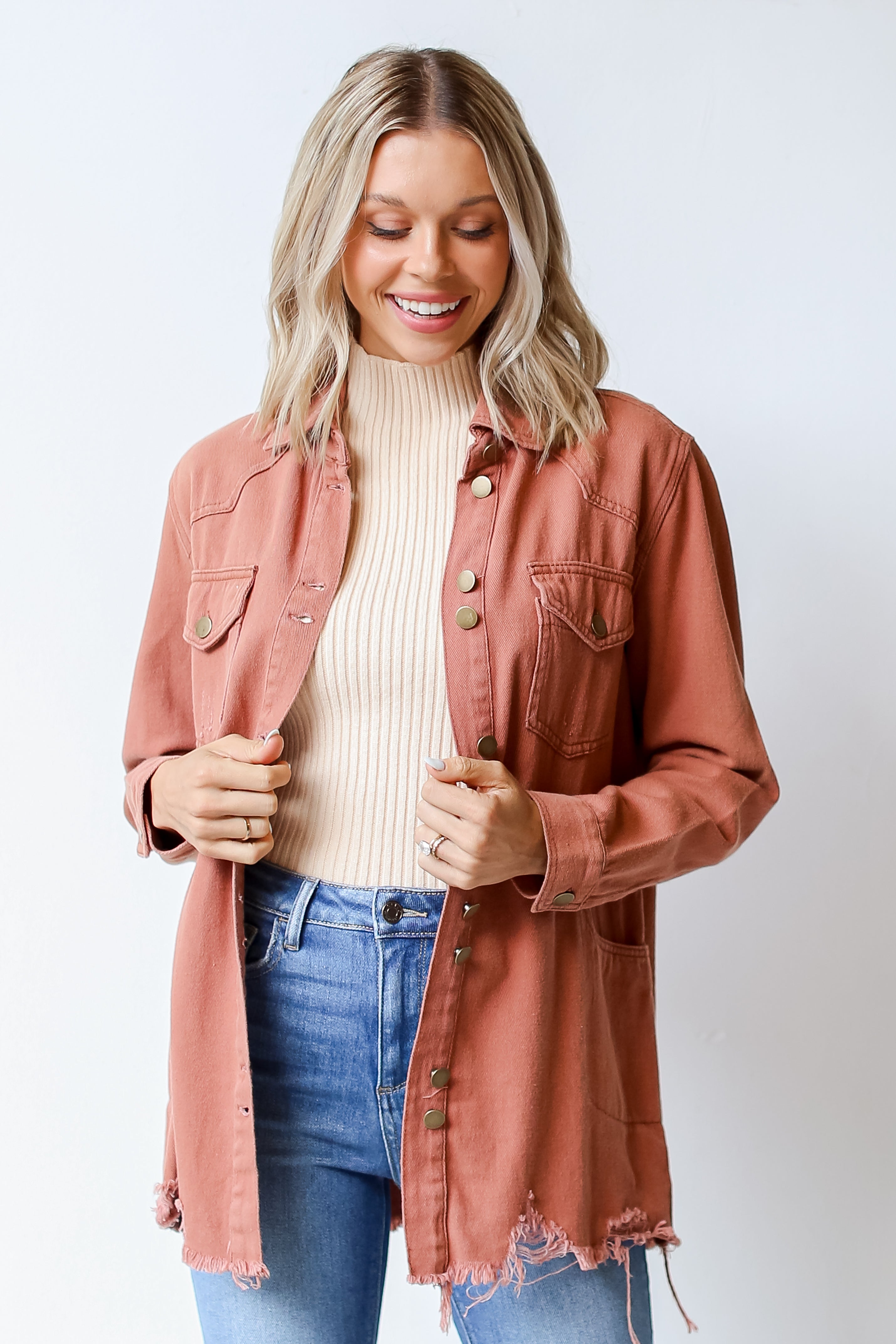 rust Distressed Denim Jacket on model